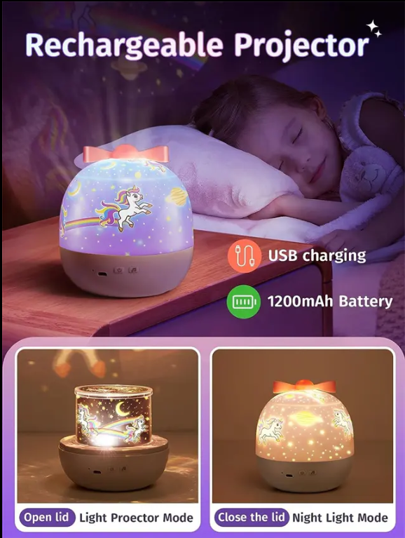 جهاز عرض ضوء الليل للأطفال – 15 مشهد مجرة، دوران 360°، قابل للشحن USB للبنات والأولاد
