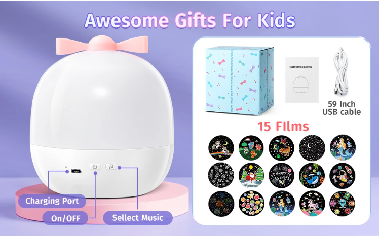 جهاز عرض ضوء الليل للأطفال – 15 مشهد مجرة، دوران 360°، قابل للشحن USB للبنات والأولاد